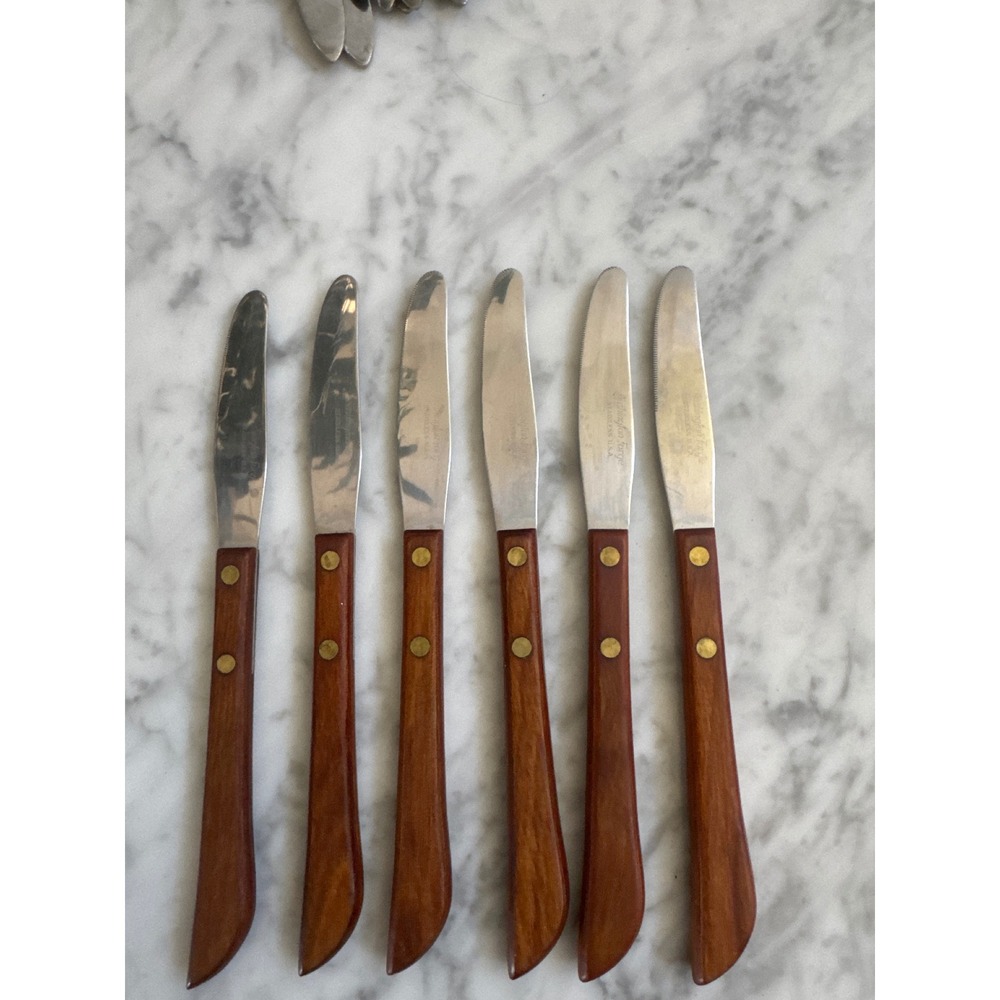Washington Forge 6 Piece Steak Knife Set Stainless USA Wood Handle Brass Rivets